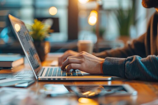 A person typing on a laptop computer placed on a table, An innovative new software platform for optimizing small business operations