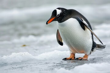 Obraz premium A penguin standing on ice in the water, looking inquisitive and waddling around, An inquisitive penguin waddling on the ice
