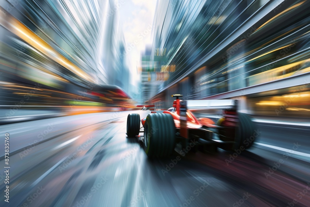 Wall mural A race car drives through the financial center, motion blurred