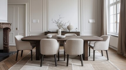 A Modern Minimalist dining room features clean lines, neutral hues, and sparse decor, emphasizing functionality and simplicity with sleek furnishings and subtle accents.
