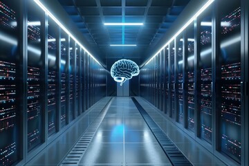 Digital brain hovers in a modern data center hallway, symbolizing advanced artificial intelligence