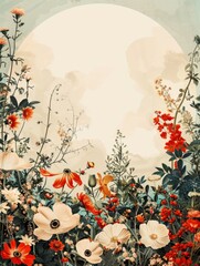 Fototapeta premium In the illustration of various flowers, leave a circular space in the middle, Add warm tones to simulate the morning sunlight , nature-inspired installations, restored and repurposed, award-winning, t