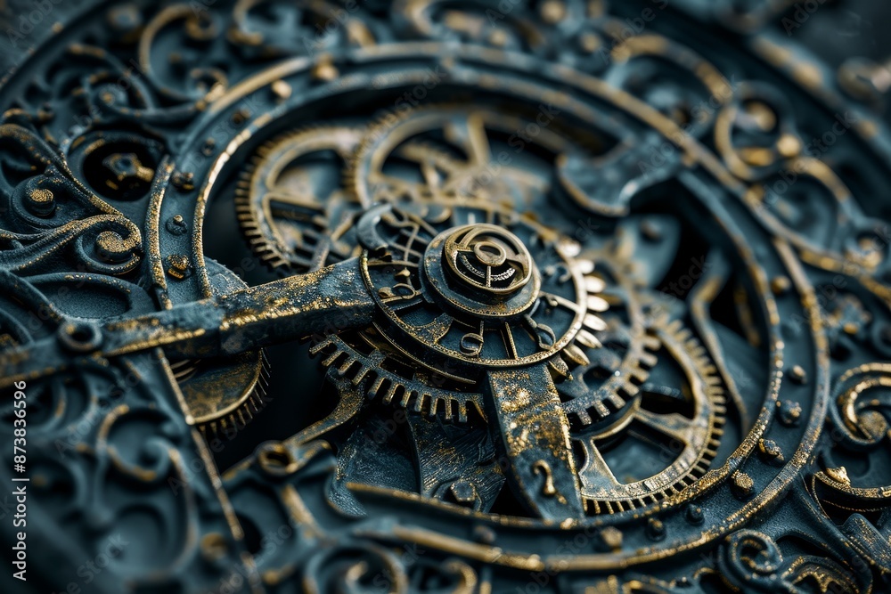 Poster detailed view of clock with visible gears showing intricate mechanisms, an intricate design symboliz