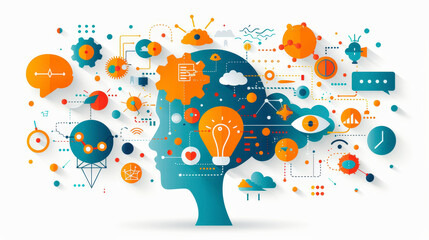 Obraz premium Think Innovatively : A silhouette of a human head filled with colorful icons and symbols, representing ideas, technology, innovation, and interconnectedness.