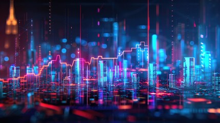 Fototapeta premium Holographic financial chart with rising arrow, abstract city backdrop