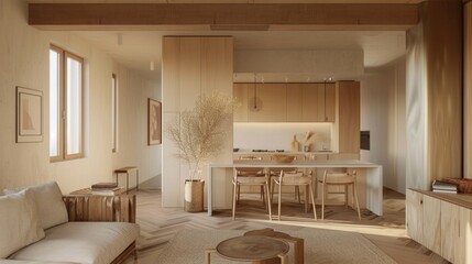 Experience Scandinavian dining: Light hues, natural materials, and a cozy vibe define its charm. Functional furniture with clean lines ensures comfort and style.
