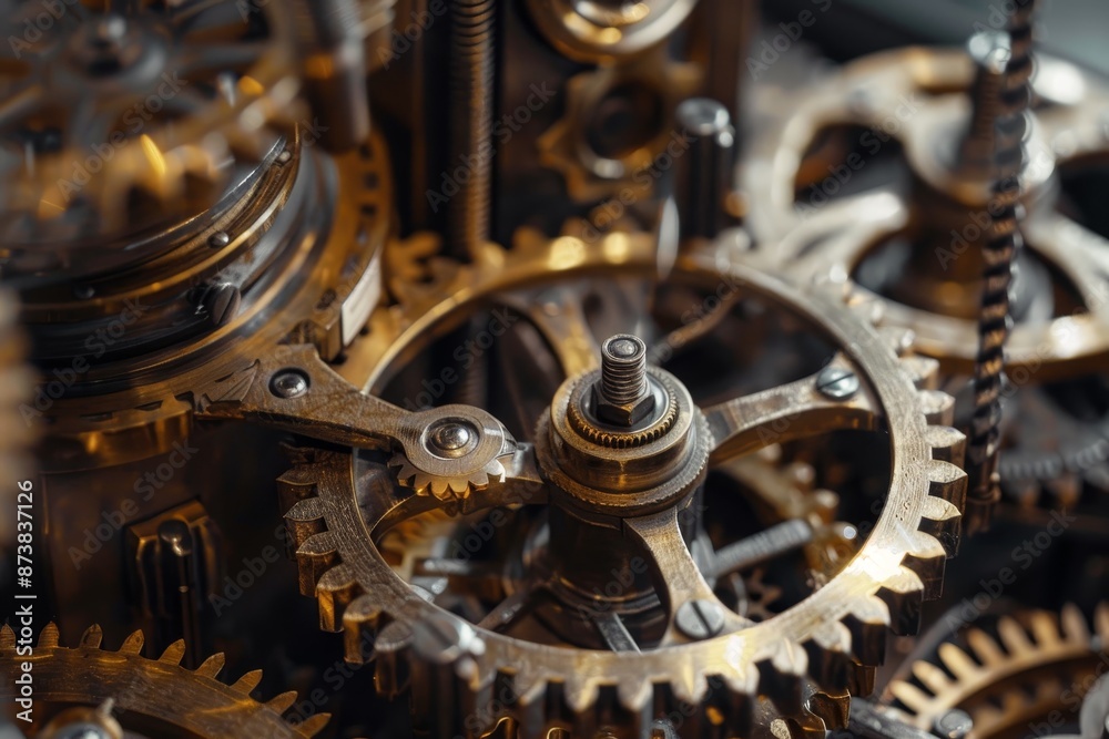 Poster close-up view of a complex clock mechanism showing numerous interlocking gears in motion, an intrica