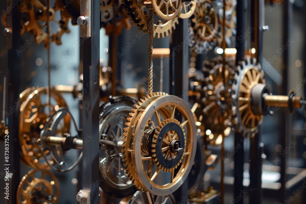 Poster detailed view of a clock mechanism with gears intricately attached for precise timekeeping, an intri