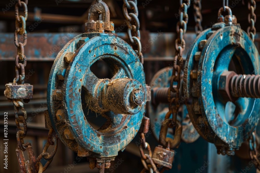 Poster a detailed view of a machine with chains connected to it, showcasing its intricate system of pulleys