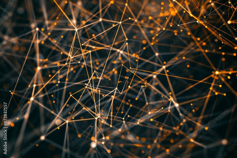 Poster intricate web of interconnected yellow dots and lines on a dark background, an intricate web of inte
