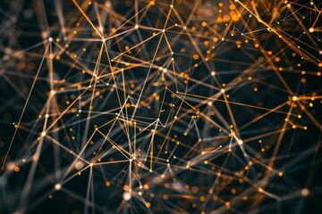 Intricate web of interconnected yellow dots and lines on a dark background, An intricate web of interconnected lines