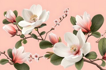 Fototapeta premium Elegant watercolor illustration of blooming magnolia flowers on a soft pastel background.