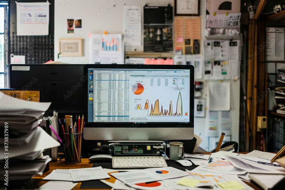 Poster a desktop computer placed on a wooden desk in an office setting, an office filled with paper reports