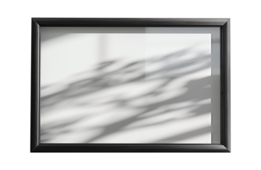 Horizontal black picture frame and mirror shadow isolated against transparent background with clipping path.