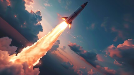 Rocket Launches Through Cloudy Skies During Global Conflict