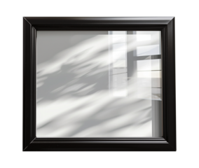 Black picture frame and mirror shadow isolated against transparent background with clipping path. Image display concept