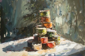 Fototapeta premium Oil painting depicting a stack of colorful paint jars on a table, An oil painting of a stack of canned goods melting in the sun