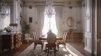 Traditional dining room styles exude classic elegance with ornate furniture, rich colors, and detailed moldings. They often feature antique pieces, chandeliers, and formal dining sets.

