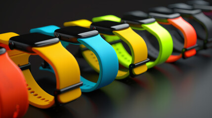 A set of smartwatches with colorful straps on a black background, showcasing 3D rendering of wearable devices, health, and fitness trackers.