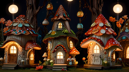 Fototapeta premium Illustration of a mushroom-shaped house in the middle of a dark forest with lights shining from the window