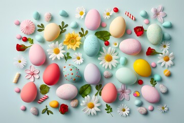 Colorful Easter eggs and spring flowers on light blue background in festive and cheerful ambiance