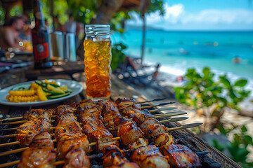 Delicious barbecue skewers grilling on the beach with cocktails and friends in the background