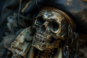 Closeup vintage pirate skull with detailed texture and weathered hat. A maritime history prop with a spooky and eerie nautical theme for halloween or pirate costume
