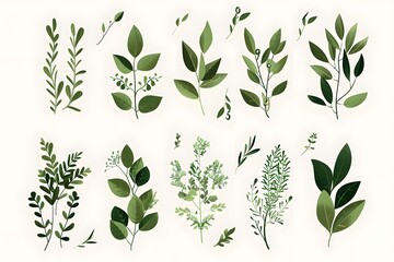 Green botanical illustrations of various leaves and plants on light background