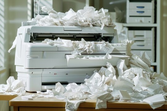 Old printer surrounded by crumpled papers on desk, An outdated printer jammed with crumpled paper