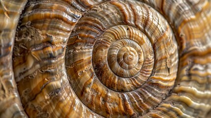 Close-up of a snail's shell, showing its intricate patterns.