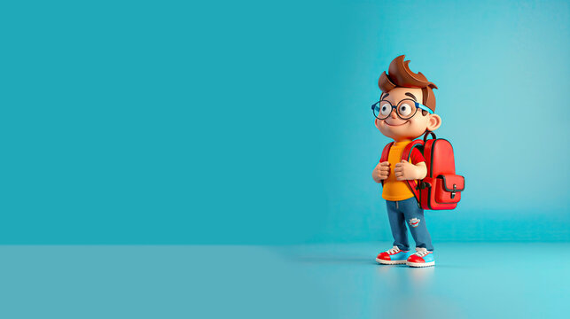 enfant souriant avec un cartable, pour la rentr&eacute;e scolaire - fond bleu - illustration