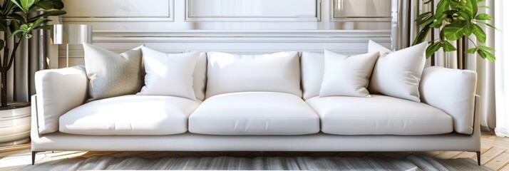 Sofa Panorama: Modern White Couch in Interior Living Room 3D Render