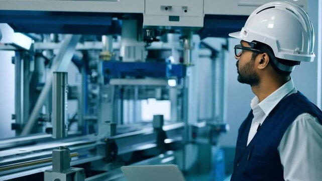 an engineer with a laptop A programmable logic controller controls a massive fully automated machine