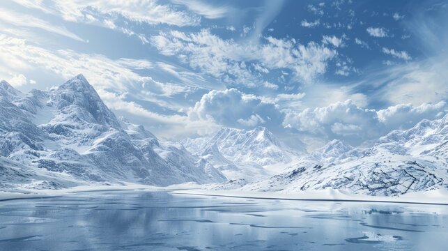 Snow Covered Mountains. Majestic Winter Landscape with Snowy Mountain Range and Glacier Lake