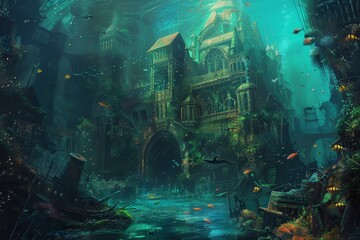 A painting depicting a castle standing on a rock in the middle of the ocean, surrounded by turbulent waves, An underwater city teeming with colorful marine life and shipwrecks