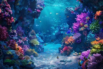Colorful coral reefs and various fish species create a lively underwater environment in this vibrant scene, An underwater scene with colorful fish and coral reefs