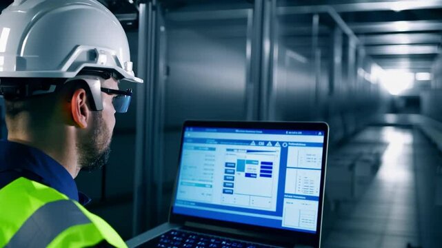 an engineer with a laptop A programmable logic controller controls a massive fully automated machine