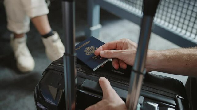 Waiting at the airport. passenger holding an American passport waiting for his flight. personal belongings, luggage or trolly for traveling purposes. delays in flight. bored man waiting impatiently. 