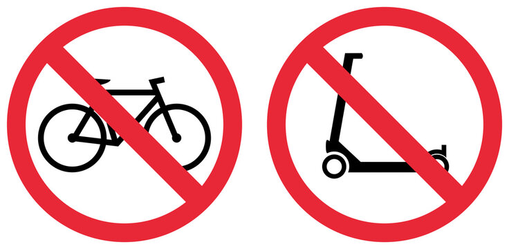 Rotes Schild zeigt: Roller und Fahrrad verboten - Fahren und abstellen nicht erlaubt