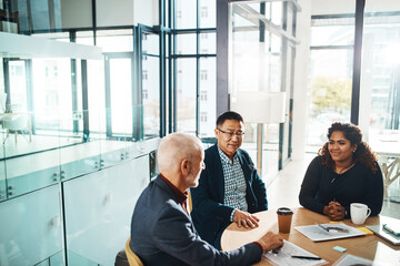 Financial, report paperwork or business people in meeting for budget strategy, revenue or sales charts. Graphs, research or investment banker talking to manager for finance or growth profit documents