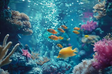 Many varieties of fish swimming among colorful coral in a large aquarium, An underwater scene with shimmering fish and coral reefs