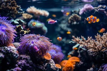 Obraz premium A bustling aquarium showcasing a wide variety of colorful fish swimming among vibrant coral reefs, An underwater world teeming with vibrant coral reefs and exotic sea creatures