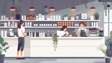 Obraz premium Care for Customers : Baristas prepare orders behind the counter in a modern, stylish coffee shop while a customer waits, surrounded by neatly arranged products and greenery.