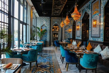Fototapeta premium Upscale restaurant featuring blue chairs and a spacious window, An upscale restaurant owned by a Muslim entrepreneur, showcasing exquisite Islamic art and cuisine