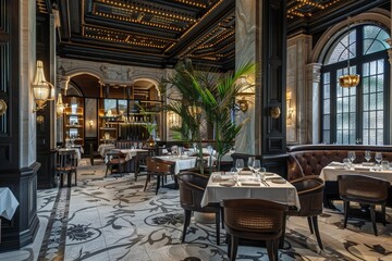 A sophisticated dining room featuring tables, chairs, and a large window, An upscale restaurant with a sophisticated ambiance and gourmet cuisine
