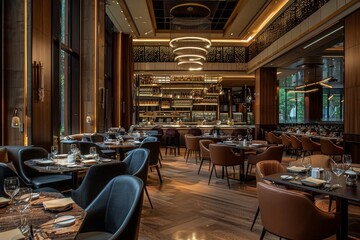 A sophisticated dining room filled with numerous tables and chairs for guests to dine in, An upscale restaurant with a sophisticated ambiance and gourmet cuisine