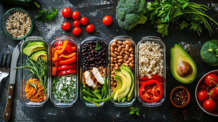 A healthy meal prep arrangement with glass containers filled with brown rice, black beans, grilled chicken, avocado slices, bell pepper strips, and cherry tomatoes