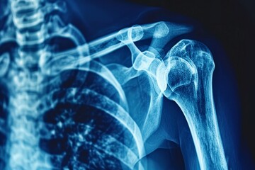 A blue-tinted x-ray reveals the intricate details of a persons shoulder joints, showcasing medical signs, An x-ray image of the shoulder joints showing signs of inflammation and swelling