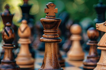 Detailed view of a wooden chess set with intricate pieces on a checkered board, Analyze data from previous campaigns to identify successful tactics and areas for improvement