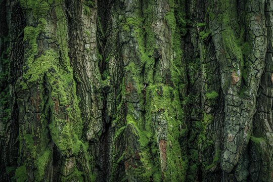 Tree bark covered in vibrant green moss, creating a mossy texture on the trunk, Ancient, towering tree trunks covered in moss